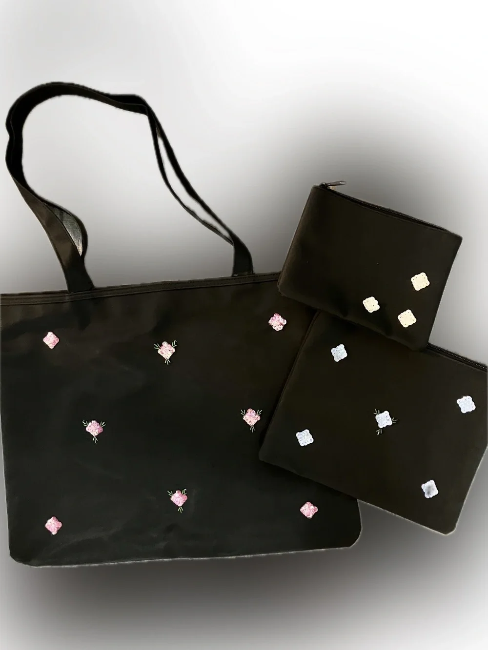 Black Floral Embroidered Tote with Matching Pouch Set